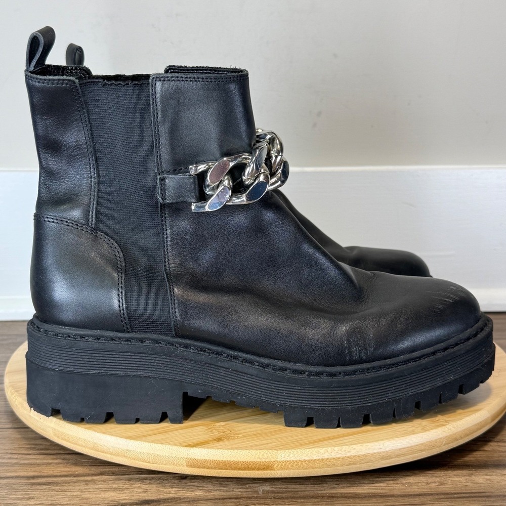 Marc Fisher Parrie Chain Link Leather Boots Women's 8.5 Black Chunky Lug Sole